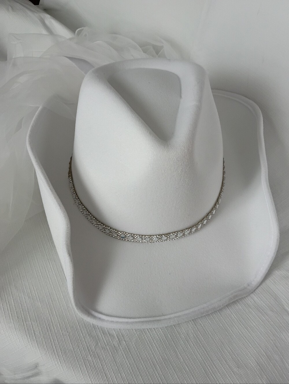 White Bridal Cowboy Hat with Rhinestone Band and Pearl Veil One Size